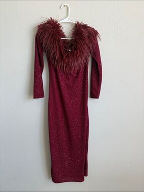 Long Sleeve Sparkle Midi Dress with Faux Fur Trim Holiday wedding guest